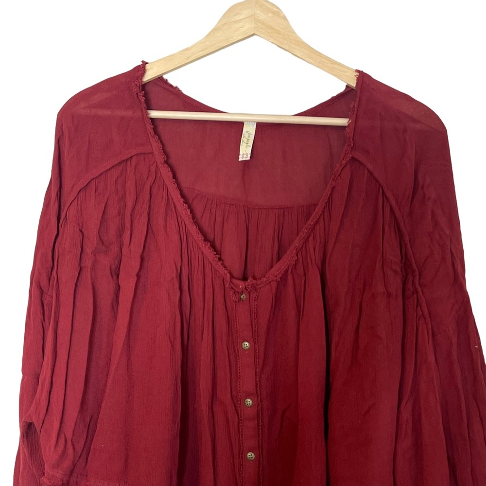 FREE PEOPLE Rainy Days Gauze Lace Oversized Boho Peasant Swing Top Burgundy M - Picture 4 of 13